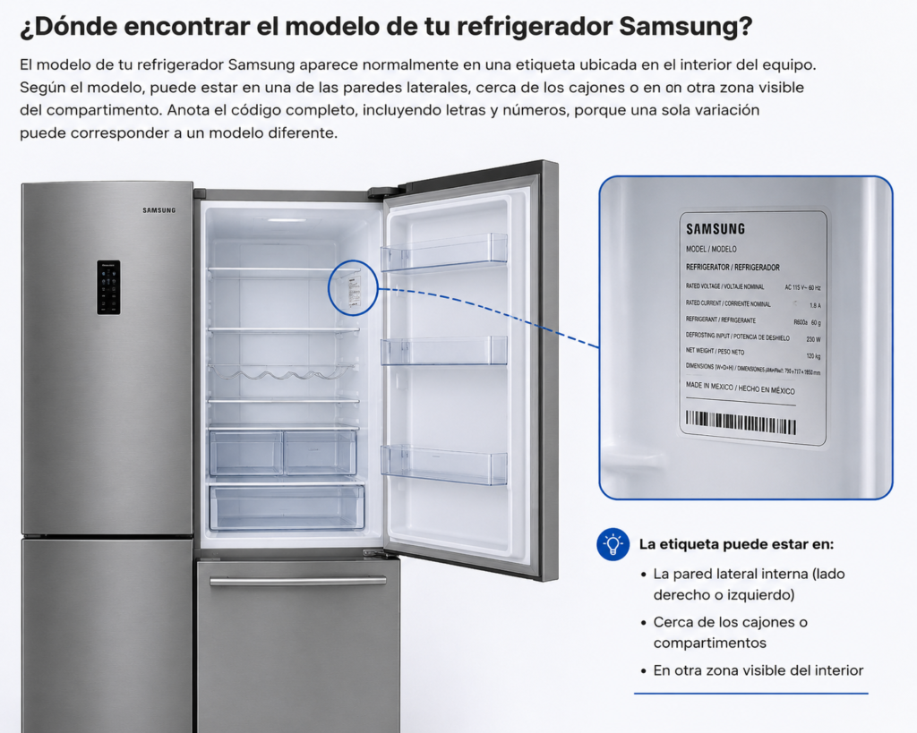 Dónde encontrar el modelo de un refrigerador Samsung