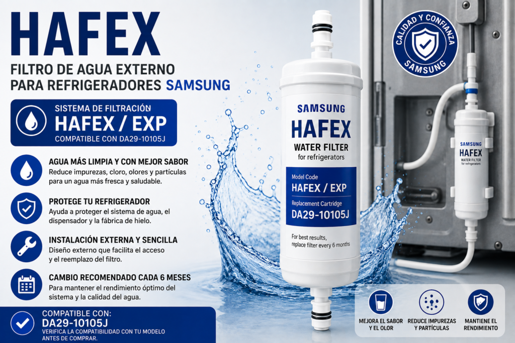 Filtro HAFEX Samsung DA29-10105J compatible con refrigeradores Samsung y sistema de filtración HAFEX/EXP