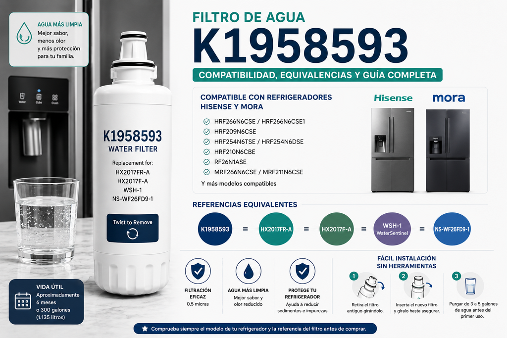 Filtro de agua K1958593 compatible con HX2017FR-A, HX2017F-A y WSH-1